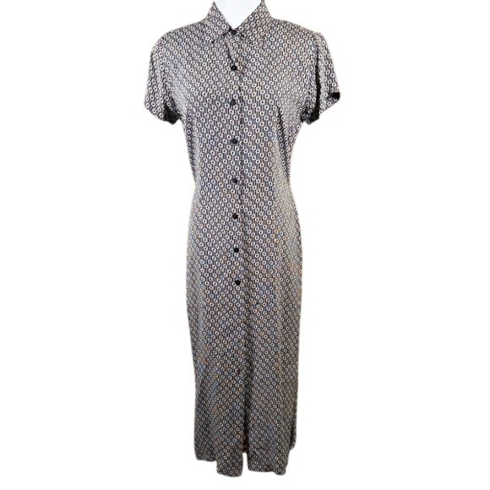 Karen Kane Vintage Black White Geometric Maxi Dress Button Front Tie Back Size 6